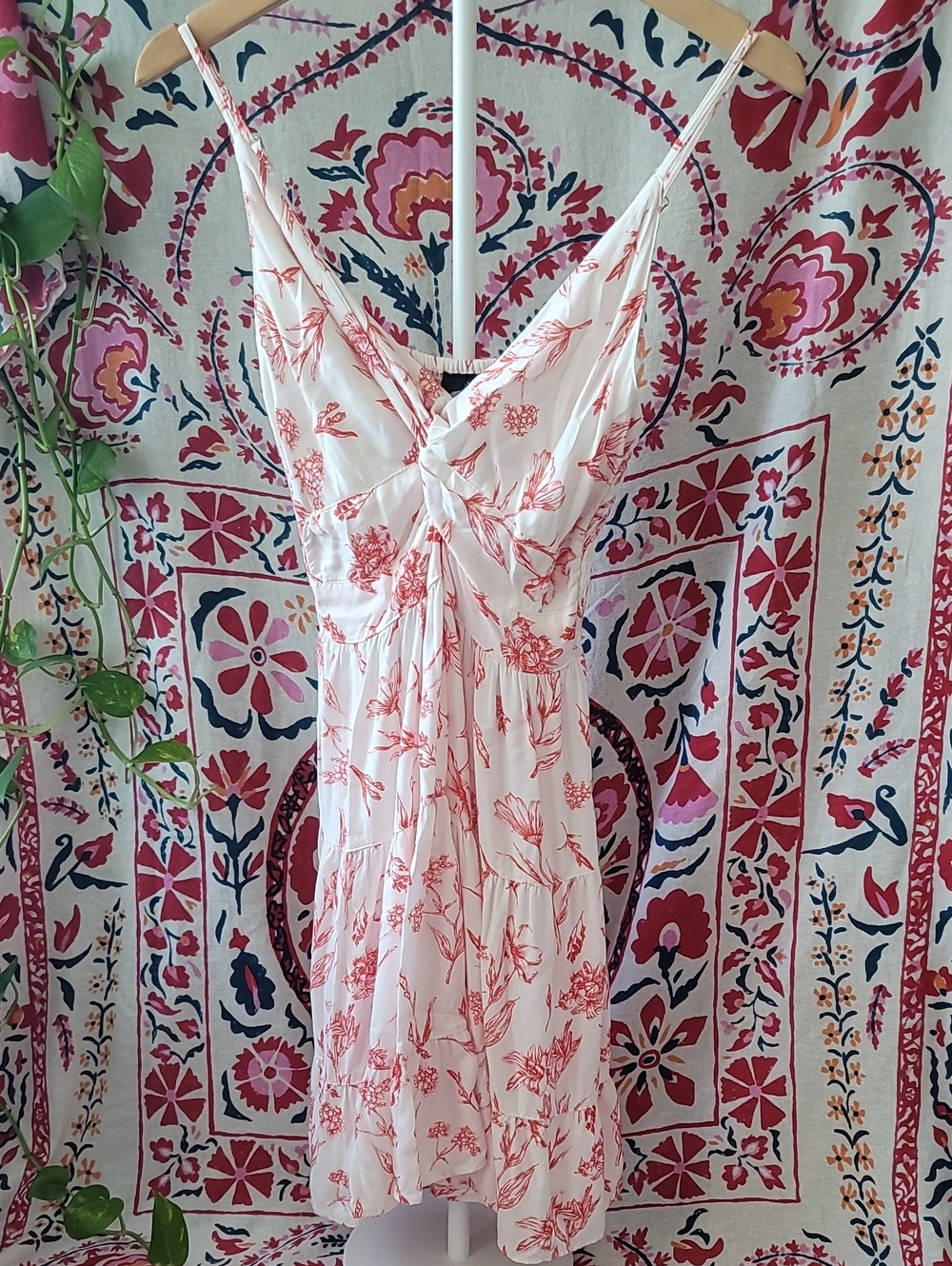 Angie Boho Twist Front White Slip Dress with Red Floral Print